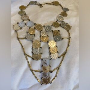 Runway Faux Coins Two Tone Bib Statement Necklace